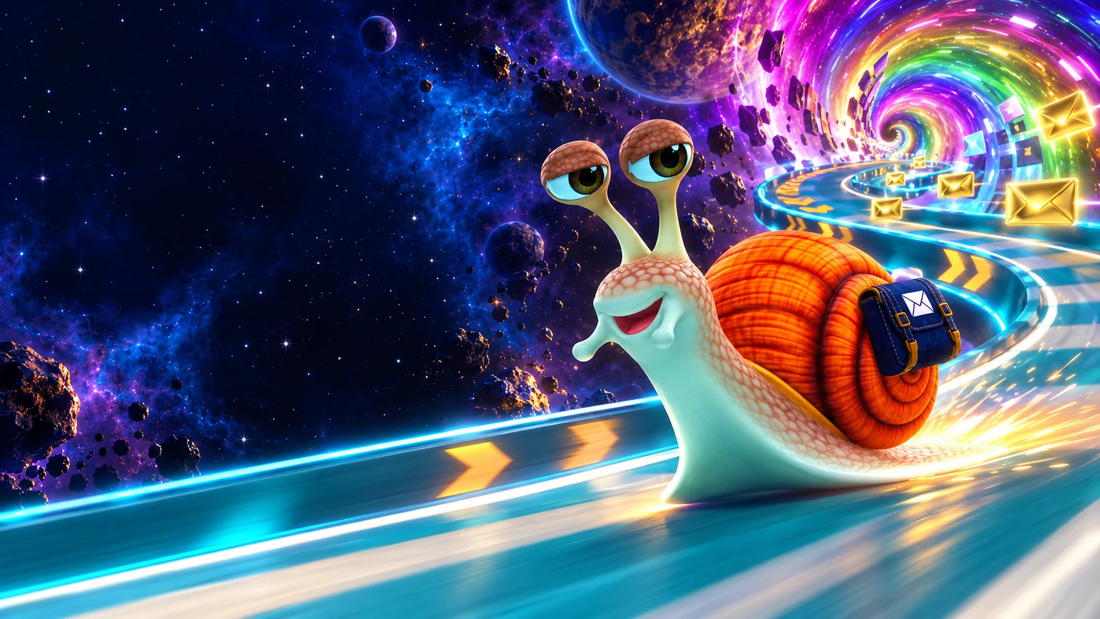 Key art: Nitro races toward the swirling mouth of a wormhole, golden envelopes streaming past.