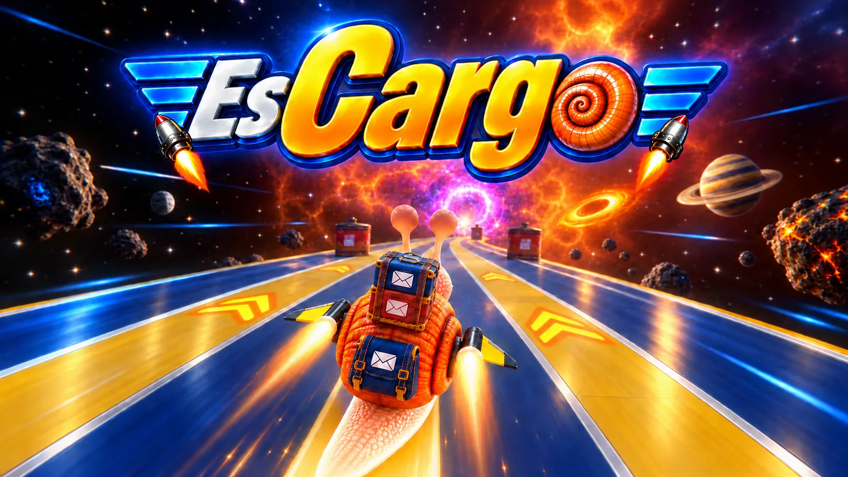 The Escargo logo above Nitro, an orange courier snail with mail crates and twin thrusters, speeding along a glowing cosmic road.