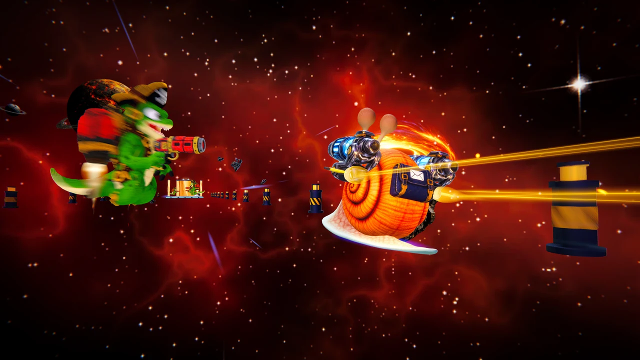 Nitro trades fire with a green pirate slug in a jetpack, golden laser beams streaking across a red nebula.