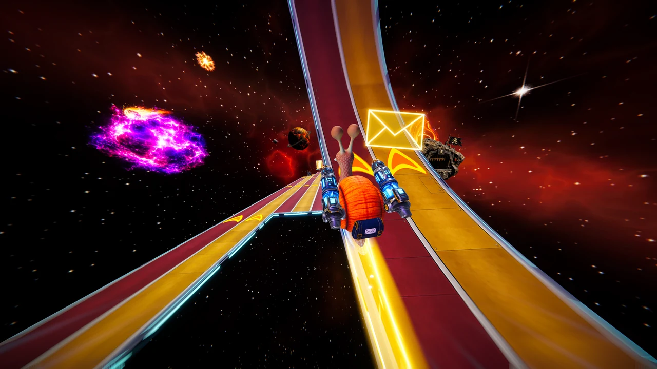 Nitro climbs a steep red and gold road toward a floating golden envelope.