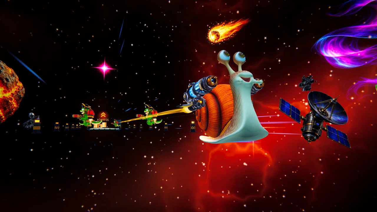 Nitro flying on his twin blue thruster pods through a red nebula past a satellite dish, pirate slugs firing from the road below.