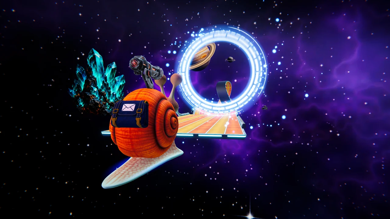 Nitro leaps off an orange road toward a glowing blue power ring, a road loop and a ringed planet framed inside it.