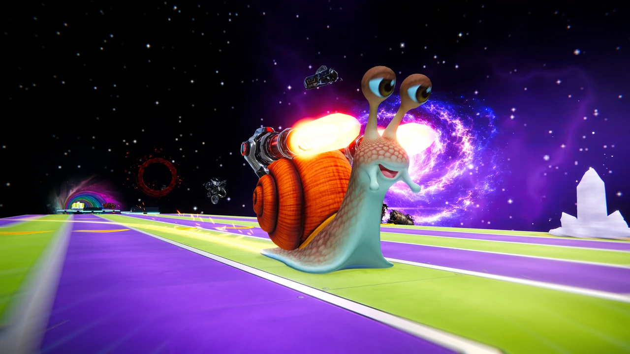 Nitro fires rockets from his shell on a purple and lime striped road, a spiral galaxy behind him and a rainbow wormhole far ahead.