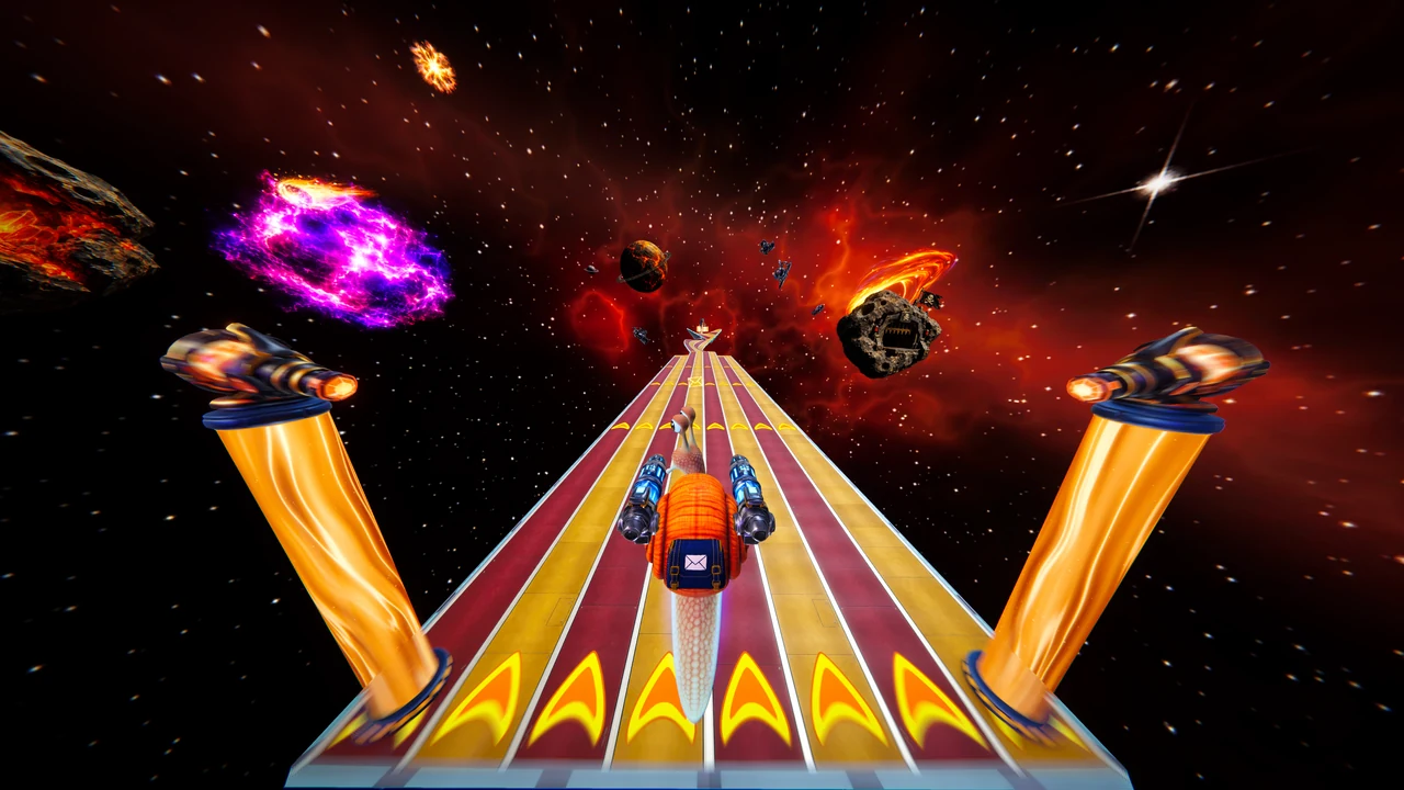 Nitro races between two glowing orange turret columns on a red and gold striped road.