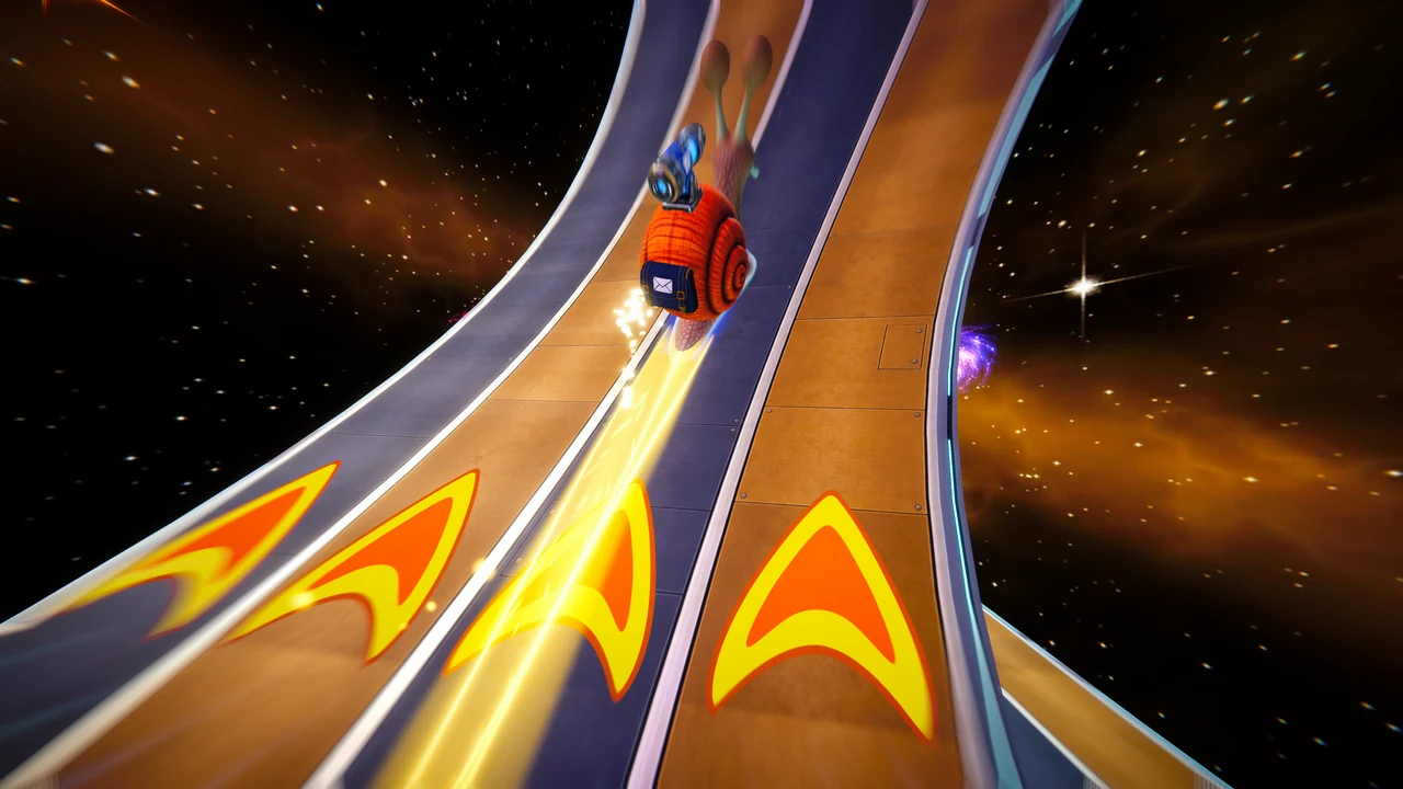 Nitro racing up a twisting gold and grey road that corkscrews into space, orange chevrons painted on the deck.