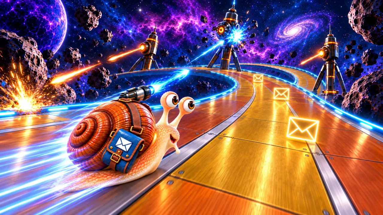 Promotional illustration from behind Nitro as he dodges orange turret fire and shoots blue plasma at a turret ahead.